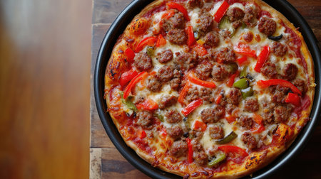 Savor a mouth-watering pizza topped with sausage and fresh vegetables. Perfectly baked with a golden crust and melted cheese, this dish brings comfort and flavor.の素材