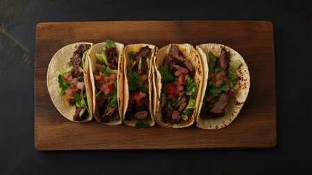Delicious beef tacos arranged on a wooden cutting board, featuring fresh lettuce, tomato, and onions. Perfect for tasty meals or gatherings.の素材
