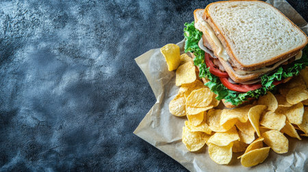 A delicious sandwich layered with fresh lettuce, tomato, and savory slices served alongside crispy potato chips, creating a perfect lunchtime snack.の素材