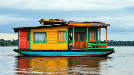 A vibrant houseboat painted in bright colors rests gently on a calm river, surrounded by lush greenery. A picturesque scene for tranquility and adventure.の素材