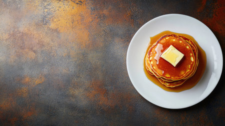 Mouthwatering stack of fluffy pancakes topped with melted butter and drenched in golden syrup. Perfect breakfast or dessert to enjoy any time of day.の素材