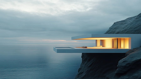 Spectacular modern architecture perched on a cliff overlooking a tranquil ocean, bathed in evening light. A perfect retreat for relaxation and inspiration.の素材