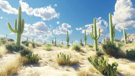 This stunning desert landscape features tall cacti under a bright blue sky with fluffy clouds, showcasing the beauty of arid environments and natural serenity.の素材