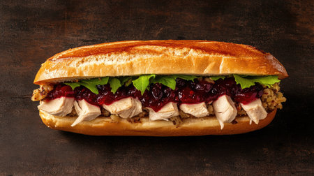A mouthwatering gourmet turkey sandwich featuring succulent turkey, tangy cranberry sauce, and crisp lettuce, all nestled in toasted bread. Perfect for any meal!の素材