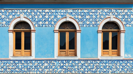 This image features a vibrant blue wall adorned with three wooden windows and intricate decorative tiles, showcasing stunning architecture and artistry.の素材