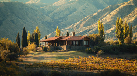 A tranquil landscape featuring a rustic house nestled among rolling hills, showcasing vibrant vegetation under warm sunlight, perfect for travel and outdoor themes.の素材