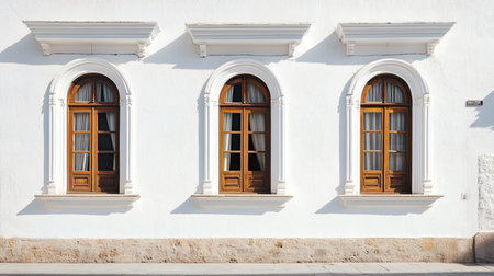 A beautifully designed white wall features three arched brown windows, showcasing classic architecture. The scene emphasizes simplicity and elegance in a serene urban environment.の素材