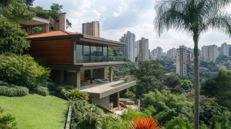 Stunning modern luxury home showcases sleek architecture set against lush greenery and a vibrant city skyline, offering a serene retreat in urban living.の素材