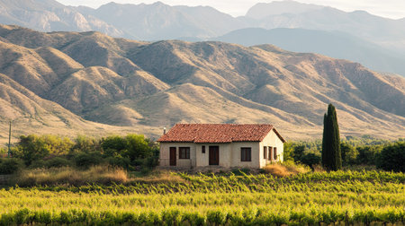A serene rural landscape featuring a quaint house surrounded by rolling hills and lush vineyards. The warm sunlight enhances the tranquil atmosphere.の素材