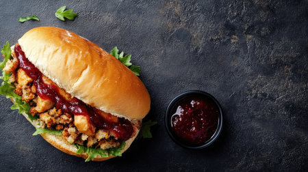 A mouthwatering chicken sandwich featuring crispy chicken and savory sauce, served with fresh lettuce in a soft bun on a rustic surface, perfect for any meal.の素材