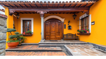This charming yellow house features a beautiful wooden door, inviting porch, and vibrant flower pots, capturing the essence of warm residential architecture.の素材