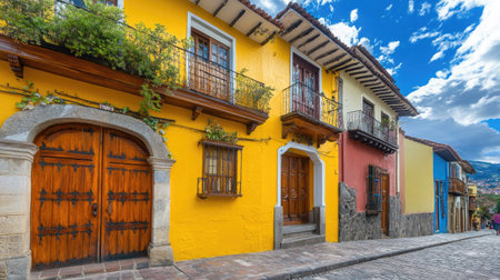 A picturesque scene showcasing vibrant colonial architecture on a cobblestone street. This charming setting features colorful buildings, doors, and lush greenery under a sunny blue sky.の素材