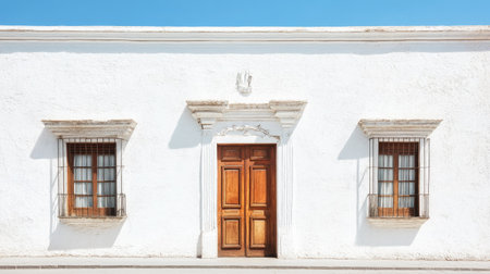 This image captures a charming colonial style building featuring a wooden door and windows, set against a bright blue sky, evoking a serene and inviting atmosphere.の素材