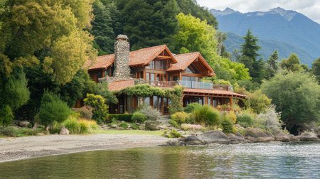 A beautiful lakeside house set amidst lush greenery and mountains offers a tranquil retreat. Perfect for vacations, it showcases stunning architecture and serene surroundings.の素材