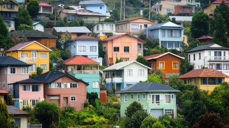 A vibrant collection of colorful houses perched on a hillside, surrounded by lush greenery and trees. This scenic neighborhood showcases an appealing architectural design and a sense of community.の素材