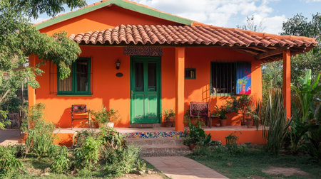 A charming vibrant orange house surrounded by lush greenery and a cheerful blue door. This inviting home showcases beautiful outdoor decor and a peaceful atmosphere.の素材