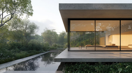 A striking modern house featuring expansive glass windows that blend the indoor and outdoor spaces, set in a lush green environment with a serene pool.の素材