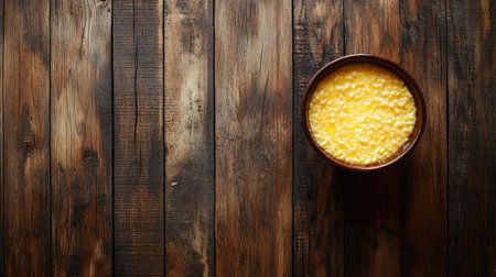 A vibrant bowl of creamy yellow corn resting on a rustic wooden table. Ideal for design concepts related to food, nutrition, and comfort cooking.の素材
