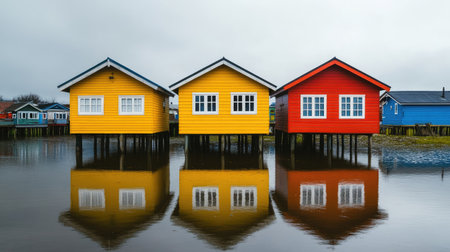 Stunning colorful wooden houses on stilts create vibrant reflections in calm water. This picturesque scene offers a unique view of tranquil living in nature.の素材