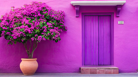 A stunning purple wall features a charming wooden door complemented by vibrant bougainvillea flowers. This vivid scene captures beauty and urban charm.の素材