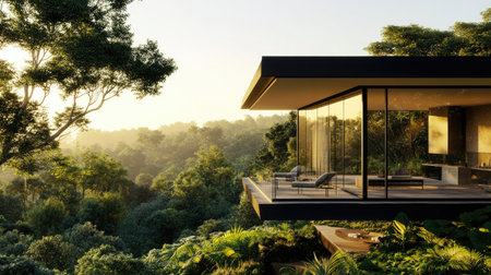 Experience the harmony of modern architecture nestled in a vibrant tropical jungle, showcasing a luxurious glass house that blends seamlessly with nature.の素材