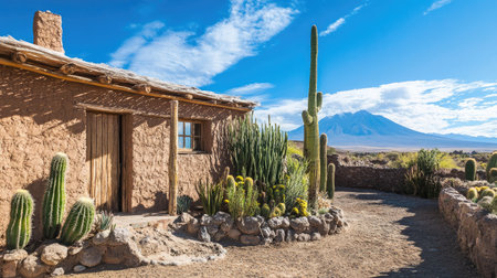 A charming desert home surrounded by various cacti and nestled against towering mountains, showcasing the beauty of an arid landscape under a bright blue sky.の素材