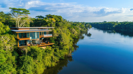 Experience the harmony of modern architecture in a lush jungle setting by a tranquil river. This eco-friendly house enhances the serene landscape, offering beauty and peace.の素材