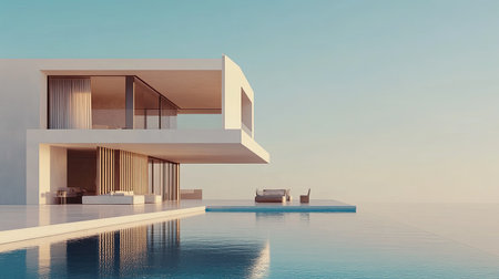 A stunning modern minimalist house features an infinity pool overlooking a tranquil seaside. The design showcases clean lines and a bright ambiance, ideal for relaxation.の素材