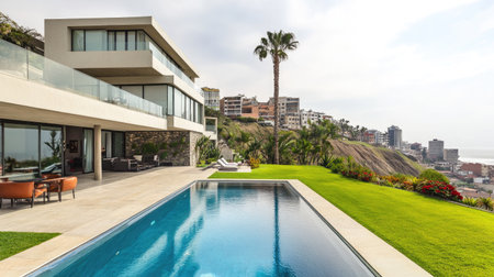A stunning modern villa featuring a sleek design and a luxurious swimming pool, surrounded by vibrant gardens and offering breathtaking views of the city and coastline.の素材