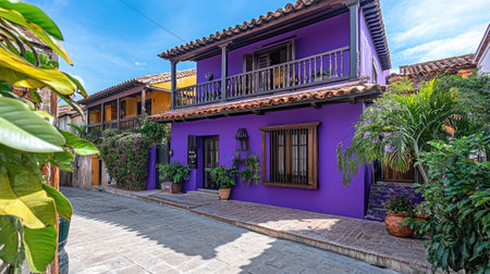 Vibrant purple house with lush plants and a sunny sky creates a charming scene. Perfect for showcasing colorful architecture and travel vibes.の素材