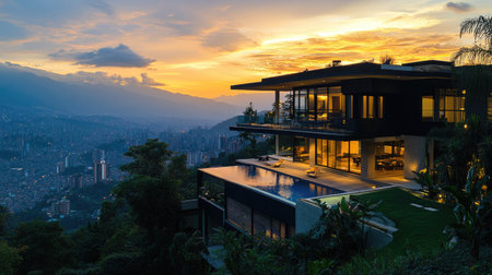 A stunning modern luxury home situated on a hillside, showcasing a breathtaking sunset view over the vibrant city skyline below.の素材