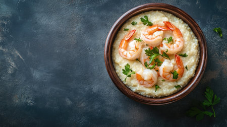 This exquisite shrimp and grits dish features succulent shrimp atop creamy grits, garnished with fresh parsley for a visually appealing and flavorful meal.の素材
