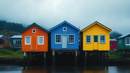 This vibrant image features colorful wooden houses on stilts by a tranquil waterway, surrounded by misty mountains, creating a serene and picturesque scene.の素材