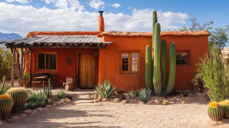 Discover a charming adobe home in the desert, featuring vibrant orange walls and surrounded by stunning cacti and succulents, perfect for a tranquil getaway.の素材