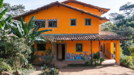 A colorful orange house nestled in a lush green landscape, showcasing a vibrant design and surrounded by nature. Perfect for capturing serene rural life.の素材