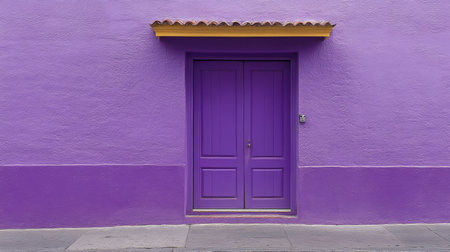This image showcases a vibrant purple wall adorned with a majestic double door and roof overhang, creating a striking entrance in an urban setting.の素材