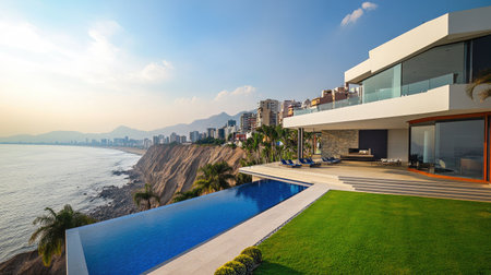 Stunning modern villa featuring an infinity pool, set against a breathtaking coastal skyline. Experience luxury and serenity in this exquisite outdoor oasis.の素材