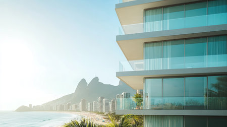 A stunning coastal building showcases modern architecture with a beautiful ocean view and mountain backdrop in Rio de Janeiro, ideal for relaxation and luxury living.の素材