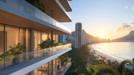 Experience a luxurious apartment overlooking a beautiful beach at sunset. This modern design merges nature and architecture, creating a serene escape.の素材