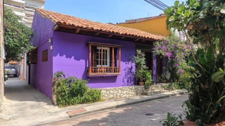A striking purple house nestled in a vibrant neighborhood, showcasing lush greenery and colorful flowers, blending charm and tranquility in a sunny setting.の素材