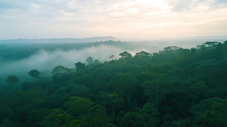 Experience the serene beauty of a lush green forest bathed in soft morning light. Mist rises gently above the treetops, creating a tranquil landscape.の素材