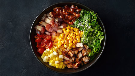 A vibrant salad bowl featuring grilled chicken, fresh vegetables, and colorful ingredients. Perfect for a healthy meal option packed with flavor.の素材