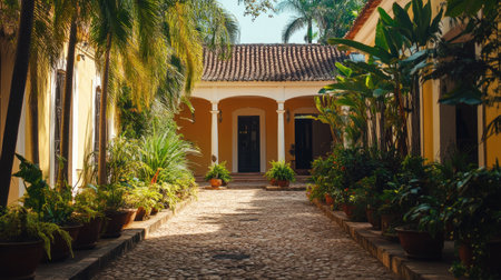 Discover a serene pathway through a lush courtyard adorned with vibrant plants and warm sunlight. This tranquil outdoor scene invites relaxation and harmony.の素材