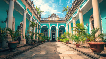 A stunning view of a colorful colonial courtyard filled with tropical plants and vibrant blue walls, capturing a tranquil atmosphere of historic charm.の素材
