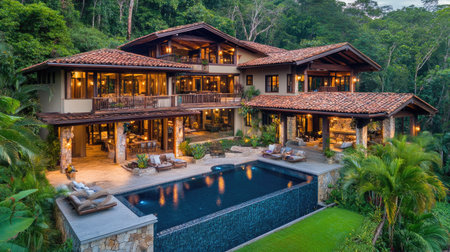 Stunning luxury villa features a serene pool and gorgeous gardens, blending modern design with tropical tranquility. Perfect for relaxation and outdoor living.の素材