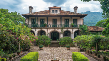 A stunning colonial villa set among lush gardens and vibrant greenery. Experience tranquility with beautiful landscapes and historic charm. Perfect for travel.の素材