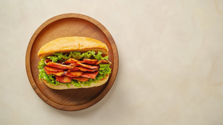 A close-up image of a freshly made sandwich featuring crispy bacon and fresh green lettuce served on a wooden plate. Perfect for food lovers.の素材