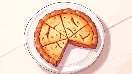 A delectable slice of golden brown pie rests on a white plate, showcasing a perfectly baked crust. Ideal for culinary and food-related themes.の素材