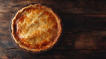 A freshly baked pie with a golden brown crust sits on a rustic wooden table, showcasing its delicious appeal and inviting aroma for any gathering.の素材