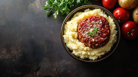 A savory meatloaf served atop creamy mashed potatoes, topped with a rich tomato sauce. Fresh tomatoes and herbs complete this comforting dish.の素材